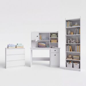 Zestaw Mebli Biurko Chester + Nadstawka 120 + Komoda M3 + Regał Rimini BIEL