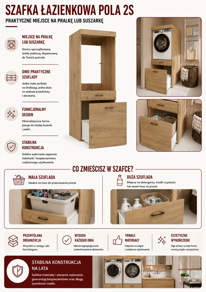 Szafka Łazienkowa Na Pralkę Lub Suszarkę POLA 2S DĄB ARTISAN 2 Szuflady - obrazek 5