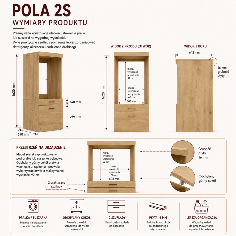 Szafka Łazienkowa Na Pralkę Lub Suszarkę POLA 2S DĄB ARTISAN 2 Szuflady - obrazek 6