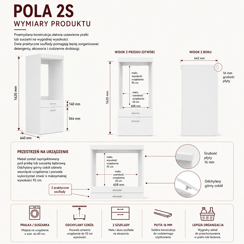 Szafka Łazienkowa Na Pralkę Lub Suszarkę POLA 2S BIAŁA 2 Szuflady Regał - obrazek 7