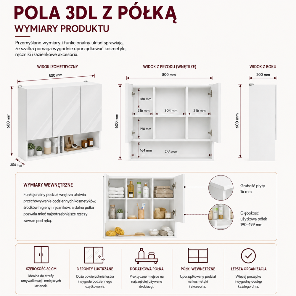 Szafka Łazienkowa Wisząca POLA 3DL/P BIAŁY 80 Cm 3 Lustra z Półką - obrazek 7
