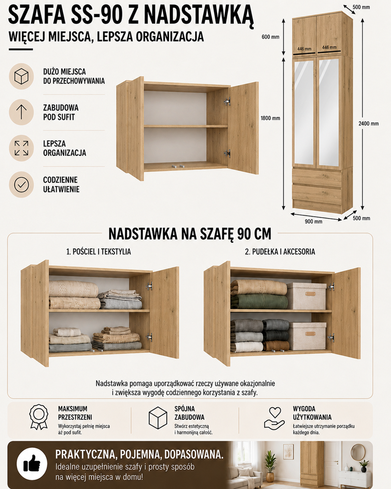 SZAFA Malwa SS-90 Z Lustrem z Nadstawką DĄB ARTISAN 2 Drzwi 2 Szuflady Do Pokoju - obrazek 3