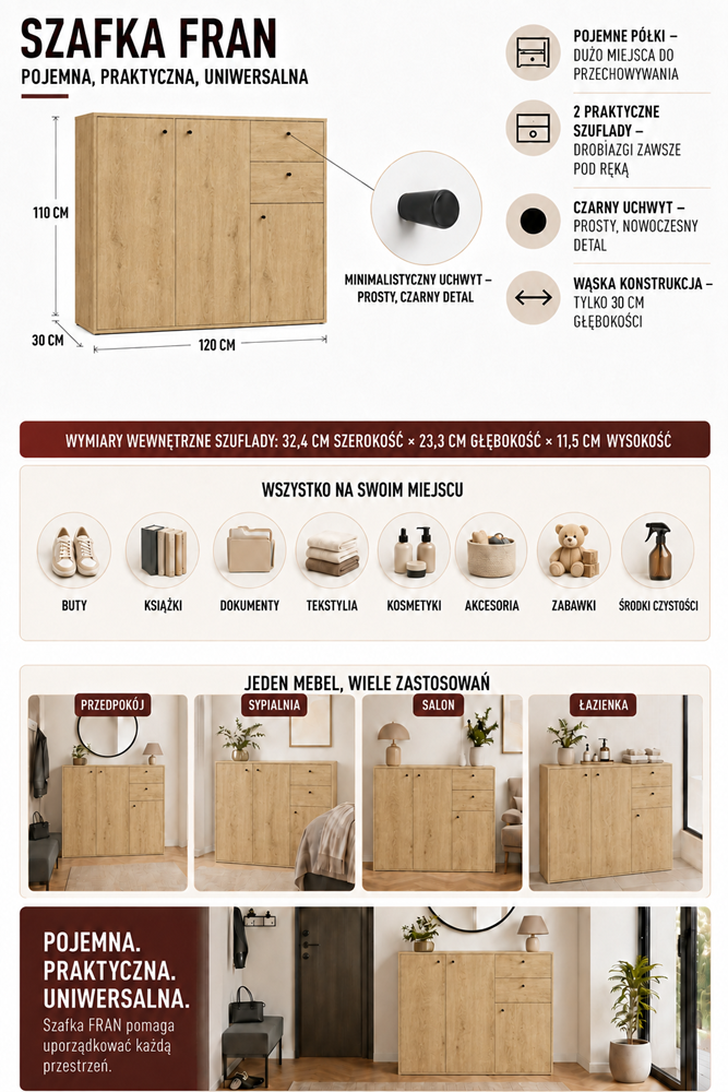 KOMODA FRAN DĄB ARTISAN 120 Cm 3 Drzwi 2 Szuflady 30 Cm Do Salonu Sypialni - obrazek 6