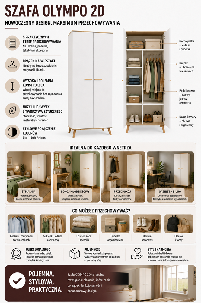 Szafa Ubraniowa OLYMPO 2D BIAŁA DĄB ARTISAN 80 Cm Drążek 2 Drzwi Sypialnia - obrazek 5