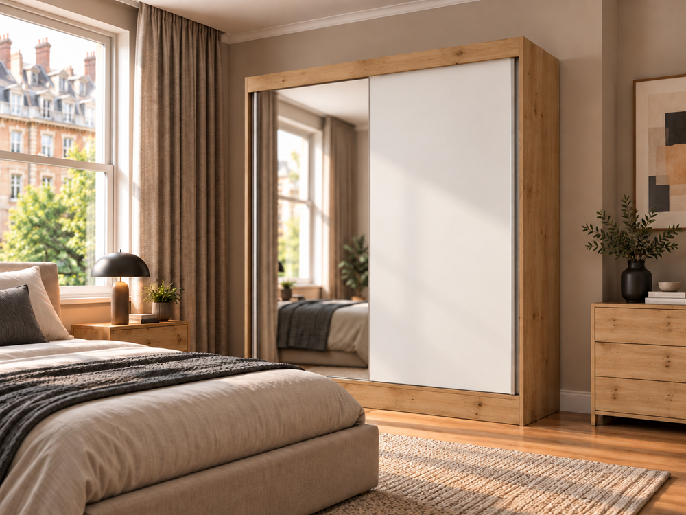 SZAFA Przesuwna IGA 160 A/B 1X Lustro DĄB ARTISAN BIEL - Funkcjonalność - obrazek 3