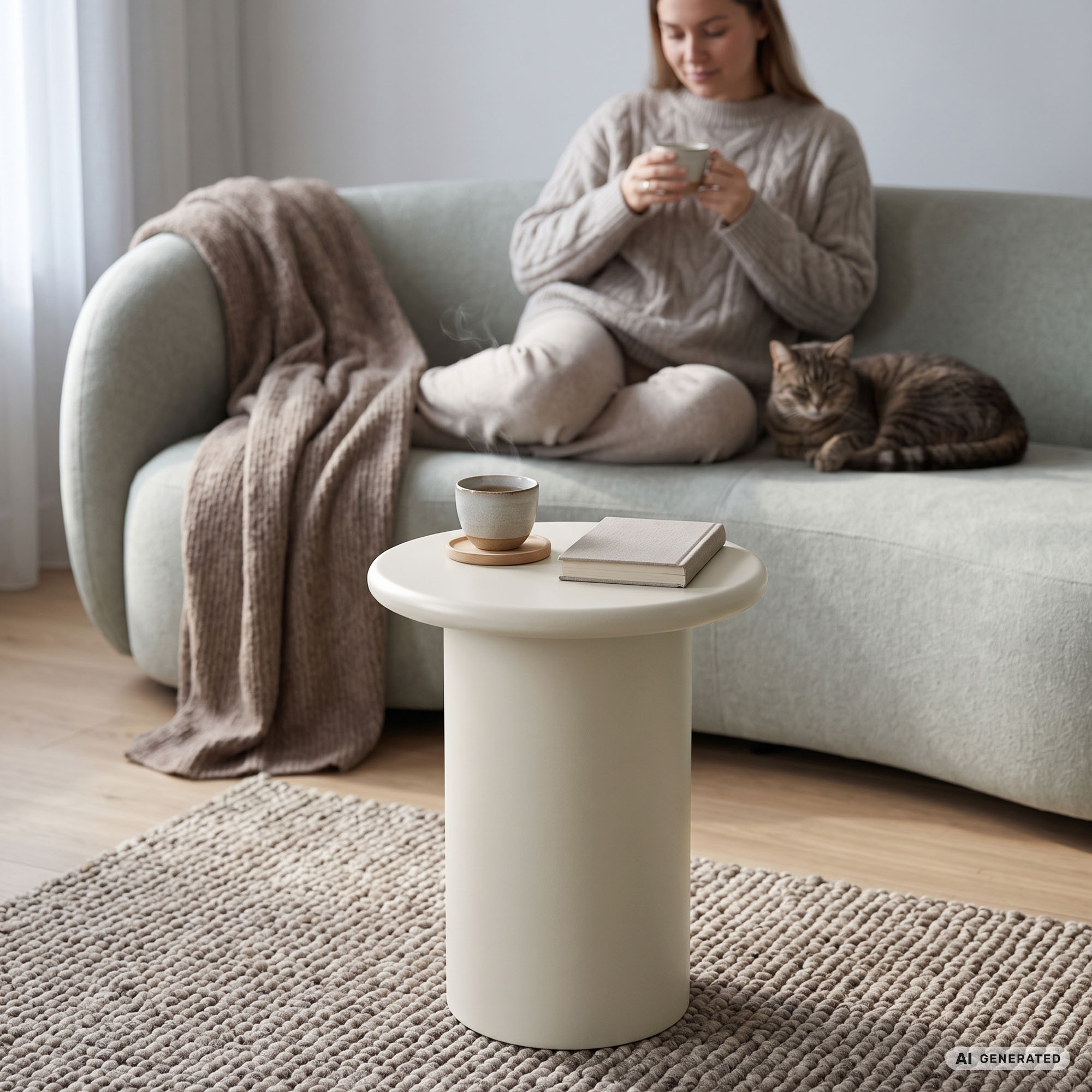 Stolik kawowy okrągły MONO 30 cm kremowy na cylindrycznej podstawie - obrazek 2