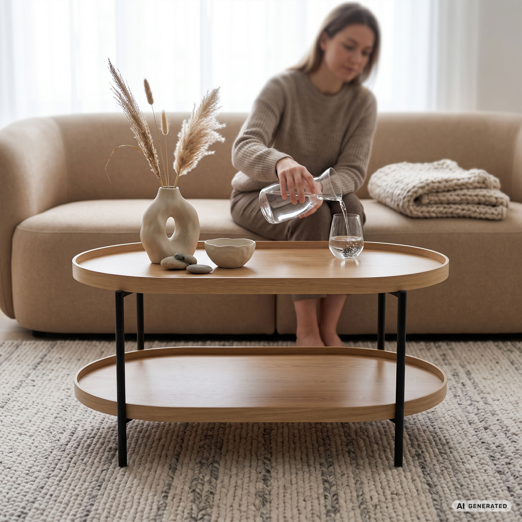 Stolik kawowy loftowy CORTADO 90 cm owalny z półką naturalne drewno czarne nogi - obrazek 3