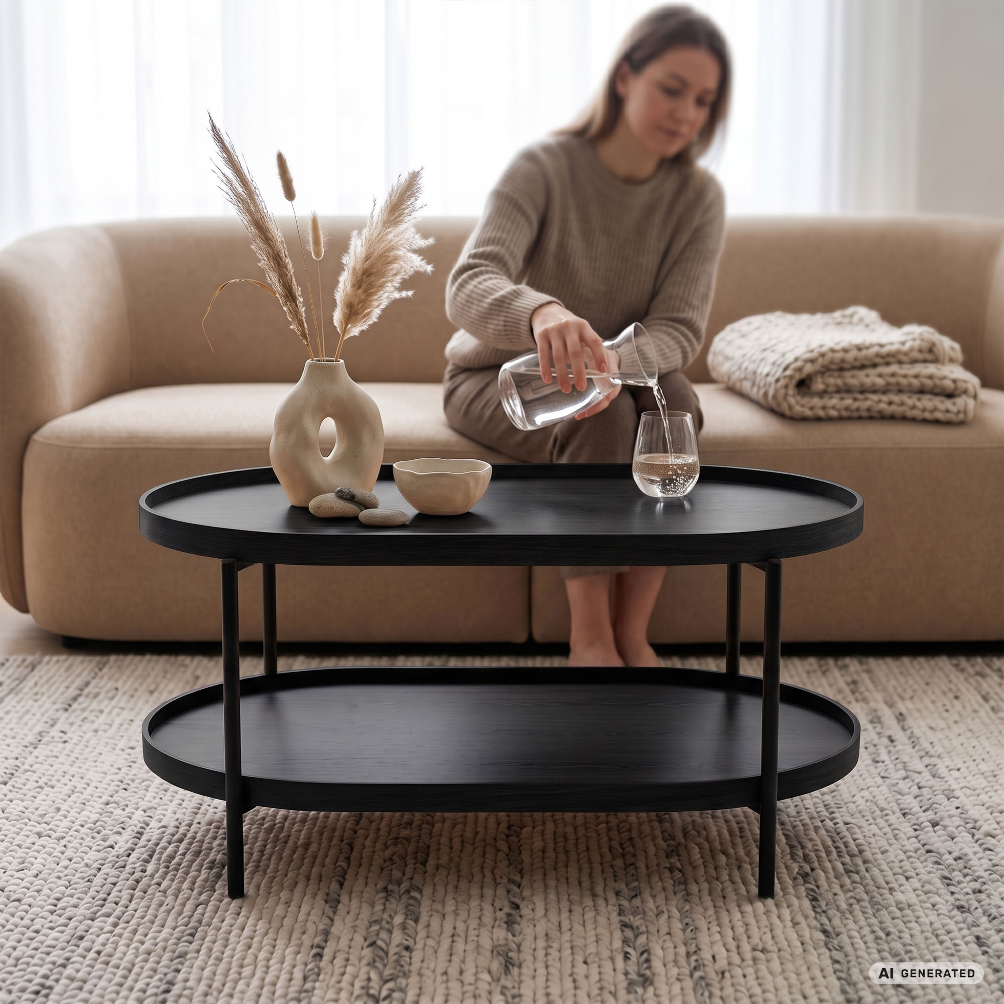 Stolik kawowy loftowy CORTADO 90 cm owalny z półką czarny czarne nogi - obrazek 3