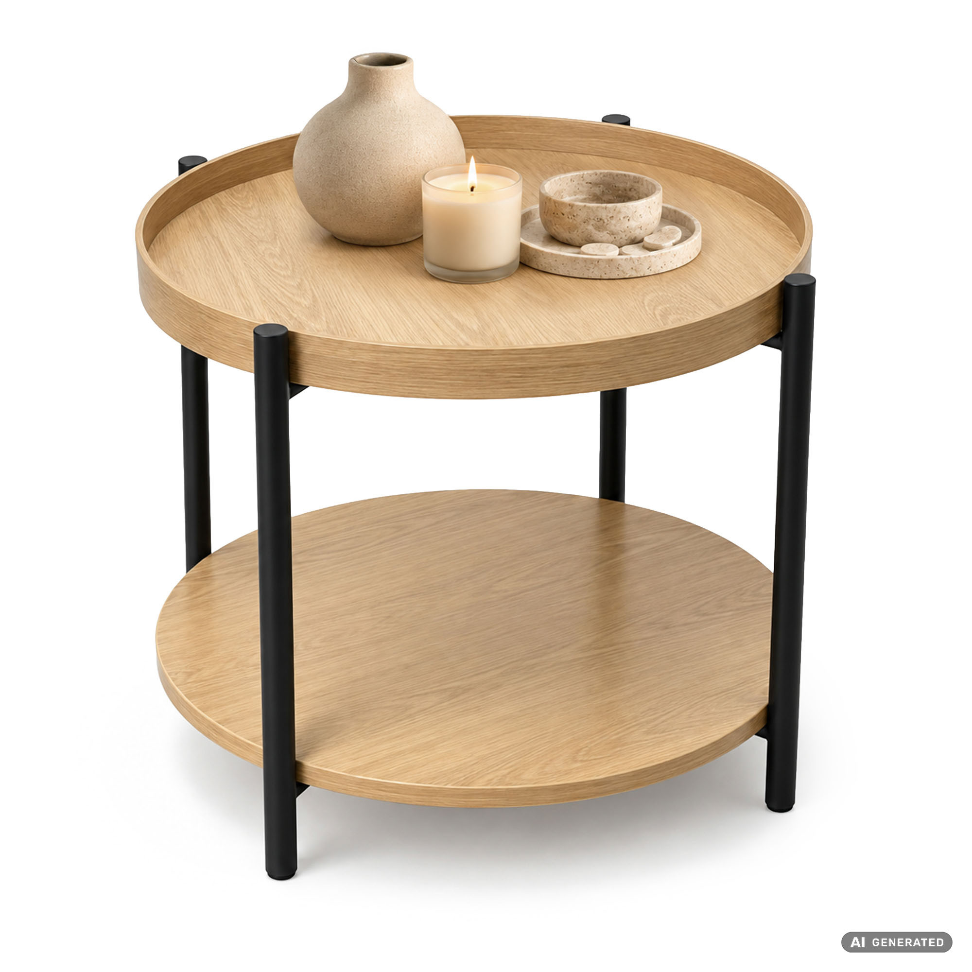 Stolik kawowy loftowy RIVA Naturalne Drewno 51 cm okrągły z półką czarne nogi 51x51x40 cm