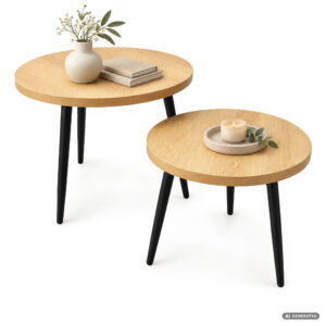 Zestaw 2 stolików kawowych TWINO Naturalne Drewno 52 cm okrągłe czarne nogi 52x52x45 cm i 38x38x38 cm